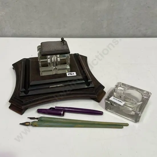 Antique Inkwell with Sterling Top, with 2 Vintage Fountain pens and 1 other.