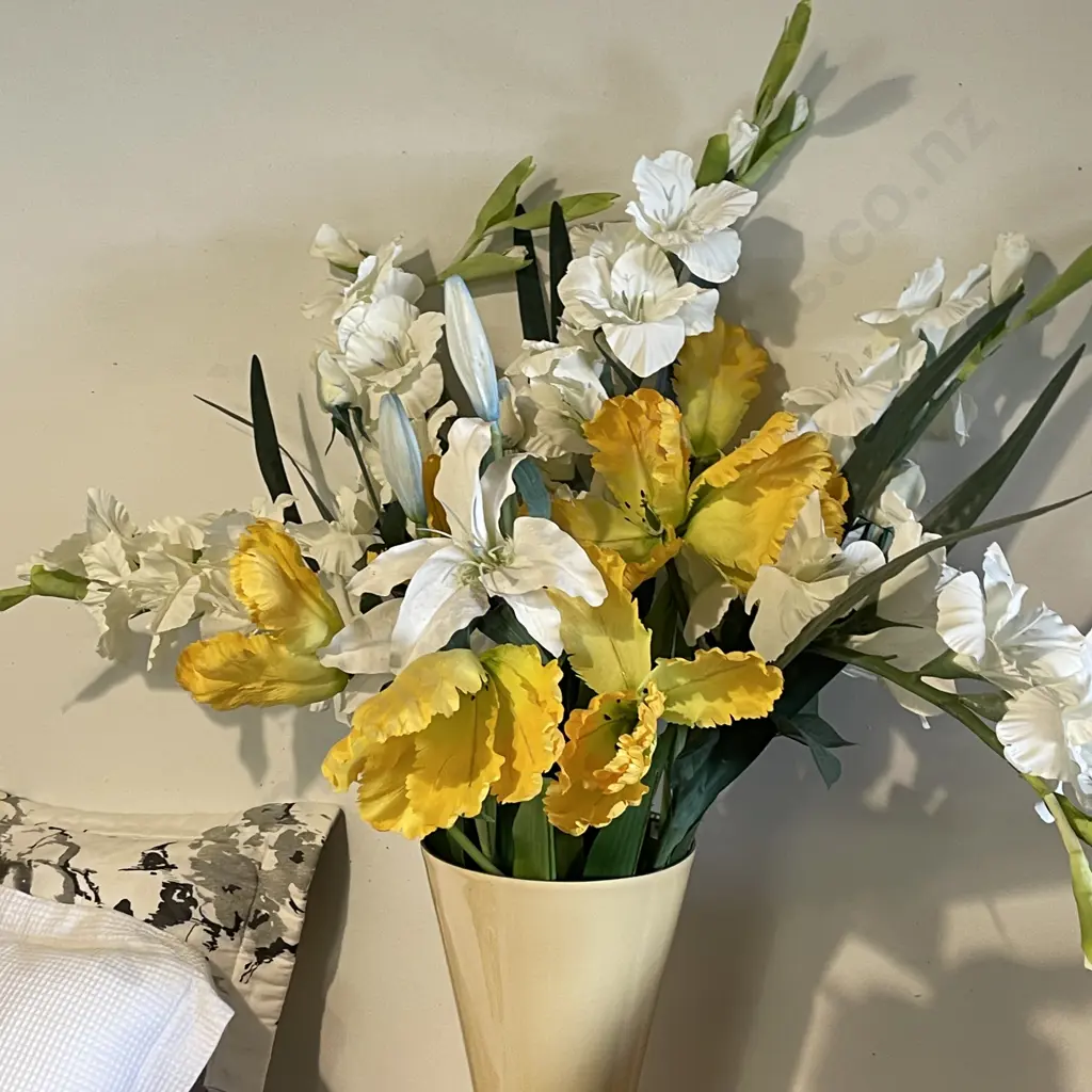 Large Ivory painted Metal Trumpet Vase with assorted faux flowers. Vase Height 41cm Image 1++