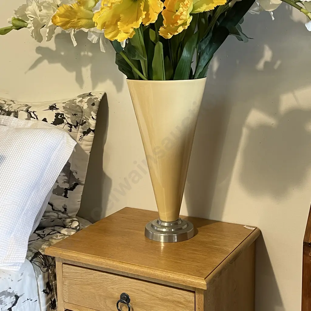 Large Ivory painted Metal Trumpet Vase with assorted faux flowers. Vase Height 41cm Image 1++
