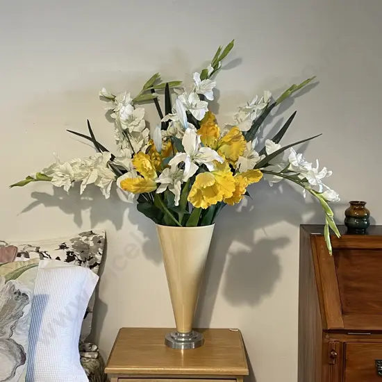 Large Ivory painted Metal Trumpet Vase with assorted faux flowers. Vase Height 41cm