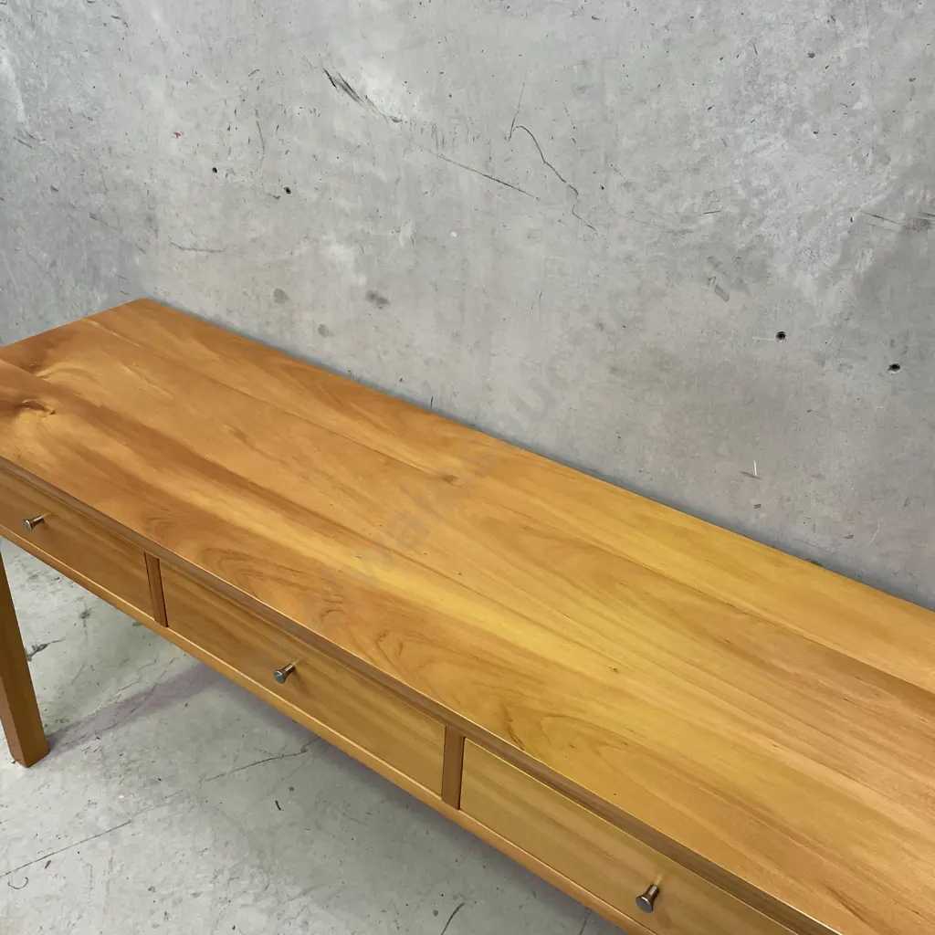 Solid Kauri? 3 Drawer Hall/Console Table, excellent condition. H73 W141 D42cm Image 1++