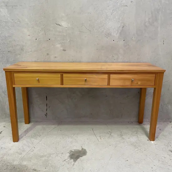 Solid Kauri? 3 Drawer Hall/Console Table, excellent condition. H73 W141 D42cm