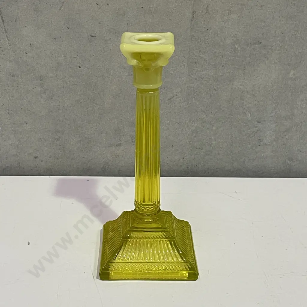 Vintage Davidson Primrose Pearline Yellow Uranium/Vaseline Glass Candlestick H21cm Image 1++