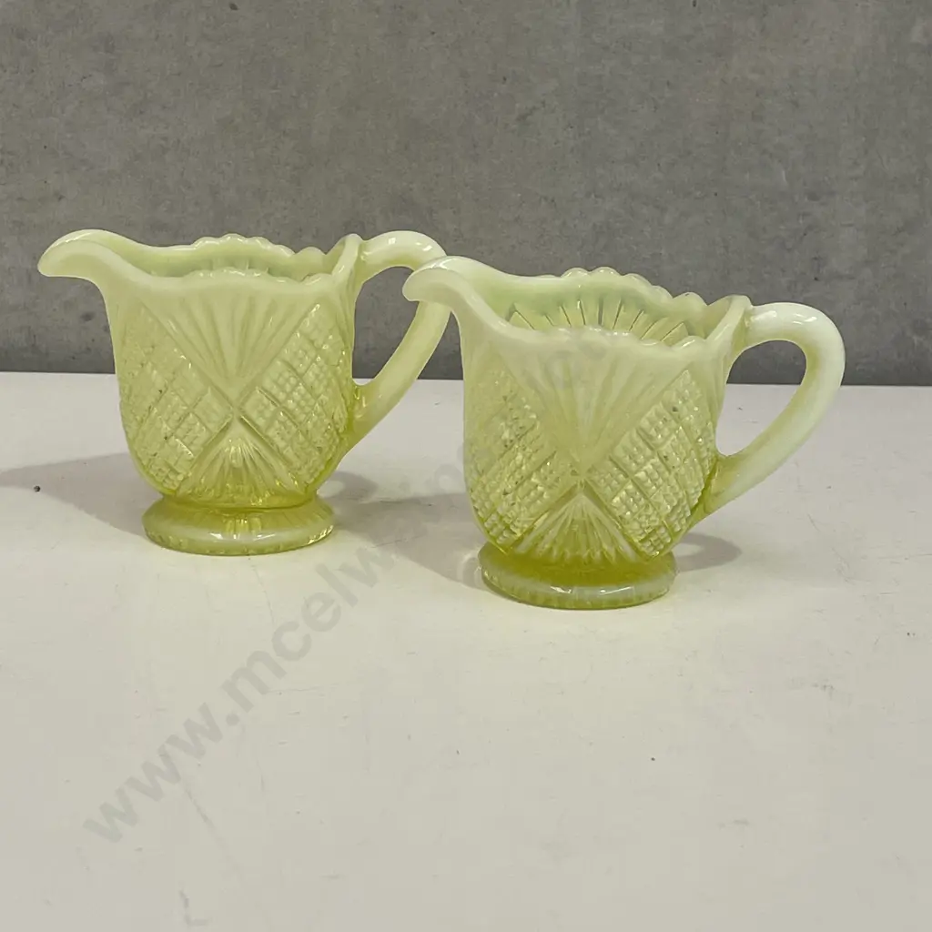 Pair Vintage Davidson Primrose Pearline Yellow Uranium/Vaseline Glass Jugs H7.5cm Image 1++