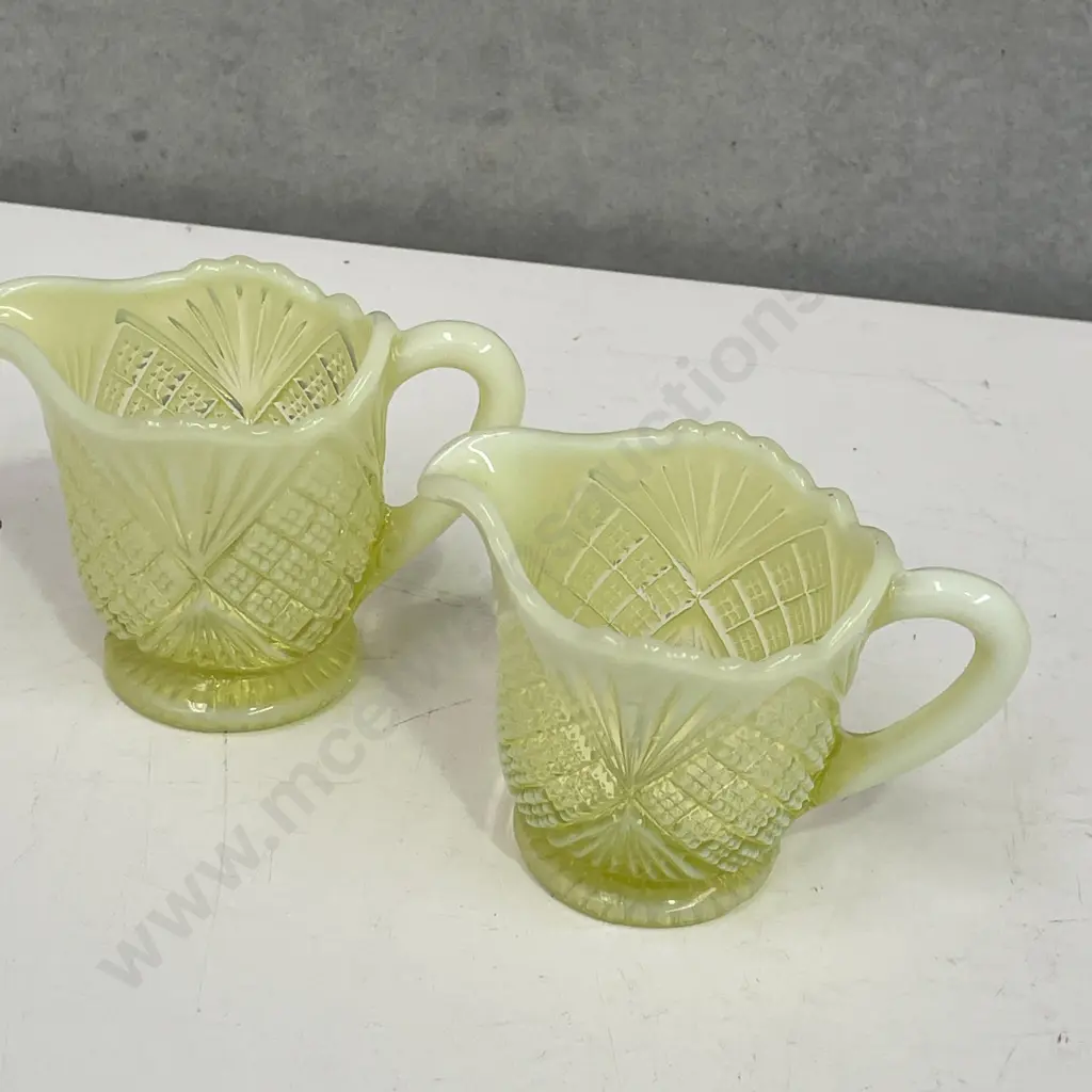 Pair Vintage Davidson Primrose Pearline Yellow Uranium/Vaseline Glass Jugs H7.5cm Image 1++