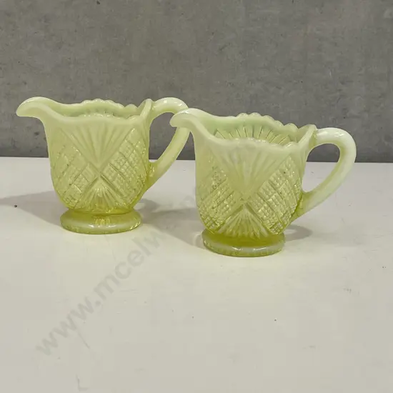 Pair Vintage Davidson Primrose Pearline Yellow Uranium/Vaseline Glass Jugs H7.5cm