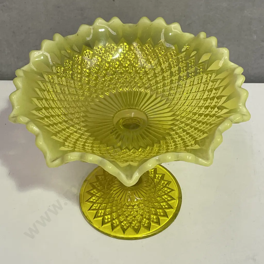 Vintage Davidson Primrose Pearline Yellow Uranium/Vaseline Glass Large Compote/Cake Stand H19 D24cm Image 1++