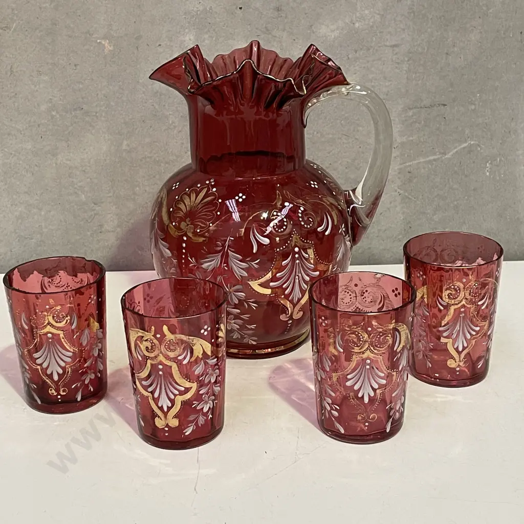 Victorian handpainted Cranberry Fluted Glass Water Jug and 4 Tumblers. (af to rim of tumblers) Image 1++