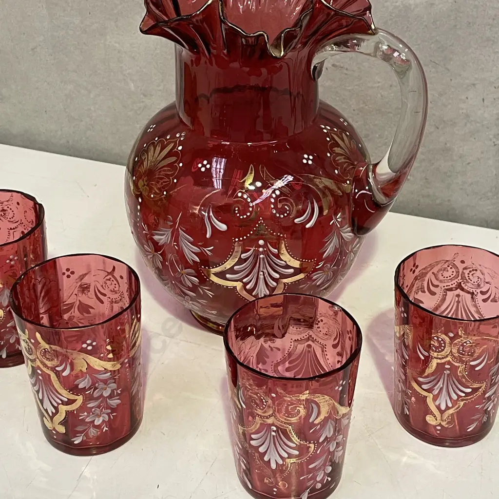 Victorian handpainted Cranberry Fluted Glass Water Jug and 4 Tumblers. (af to rim of tumblers) Image 1++