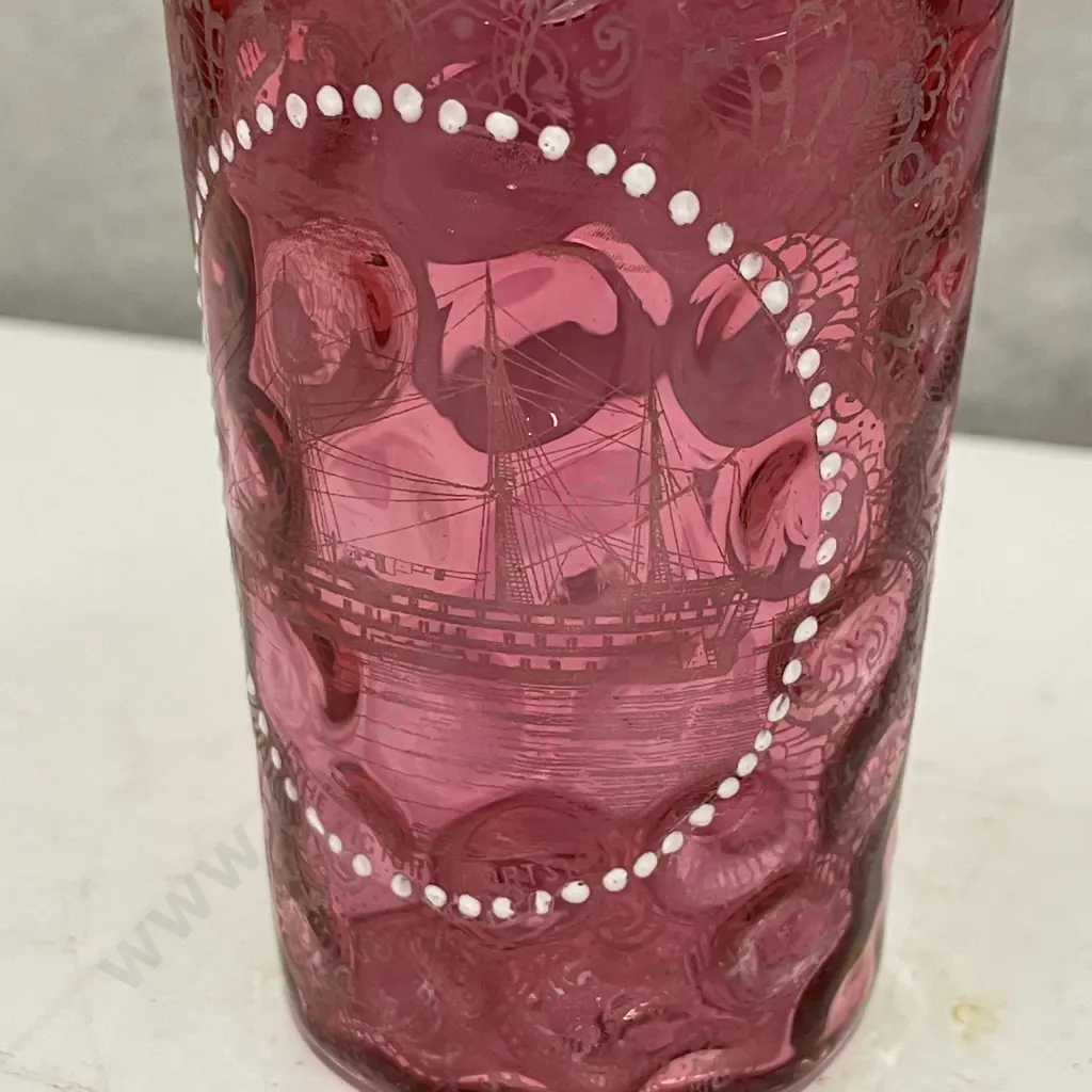 Bohemian Cranberry Glass Dimpled Tumbler with handpainted detail and "The Victory" Ship in Portsmouth Image 1++