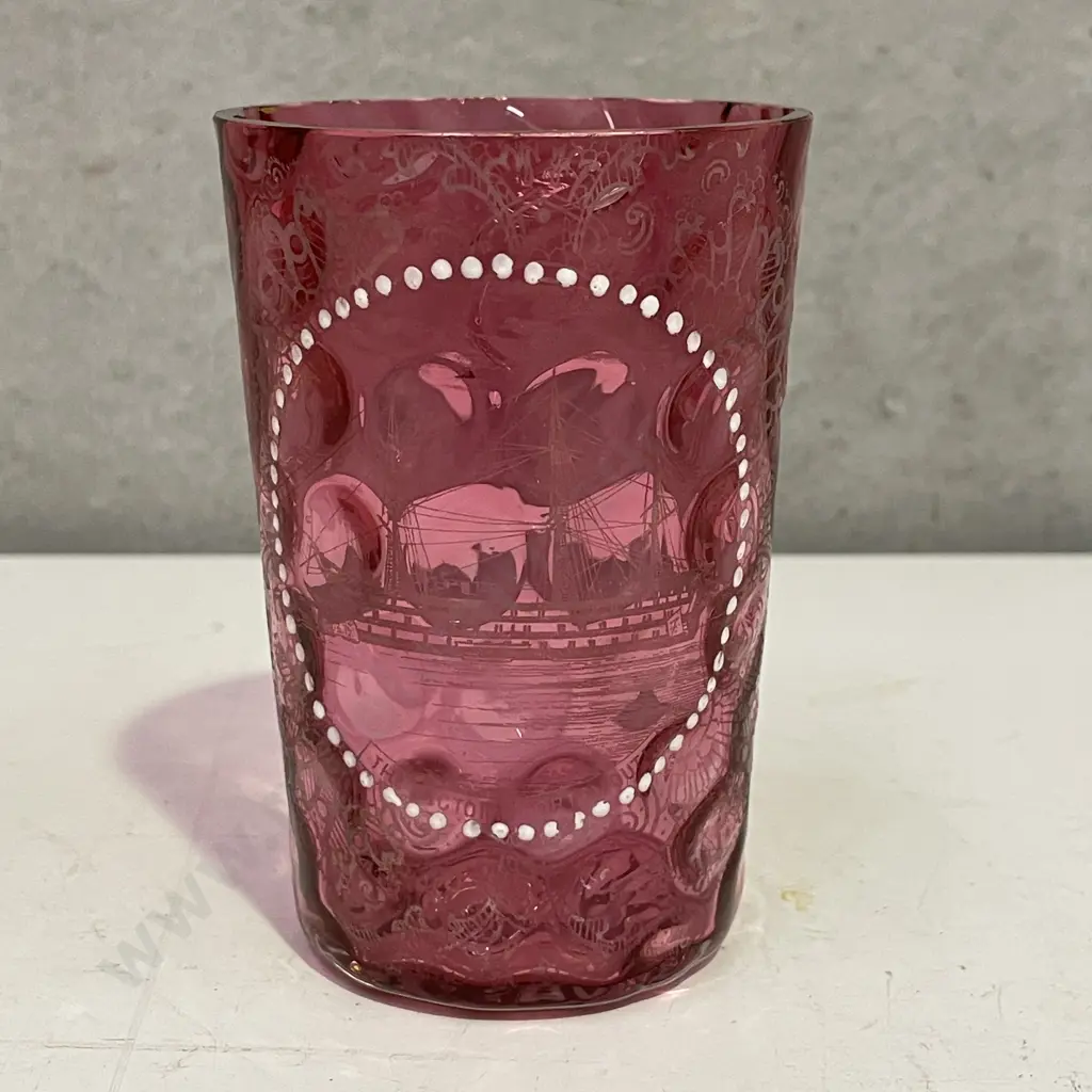 Bohemian Cranberry Glass Dimpled Tumbler with handpainted detail and "The Victory" Ship in Portsmouth Image 1++