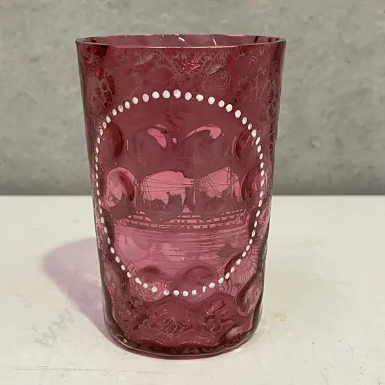 Bohemian Cranberry Glass Dimpled Tumbler with handpainted detail and "The Victory" Ship in Portsmouth