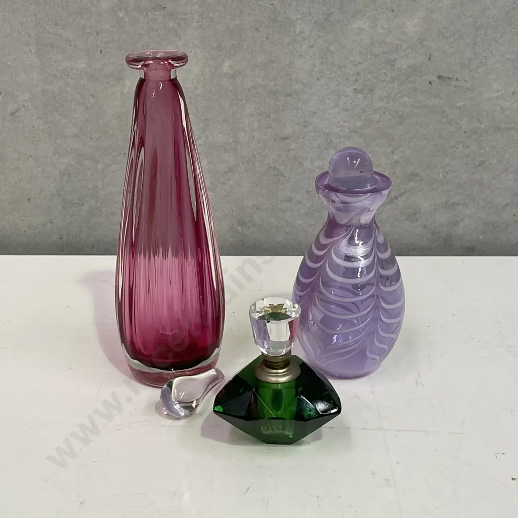 Three Vintage Glass Perfume Bottles including Signed Lynden Over (af to finial) Image 1++