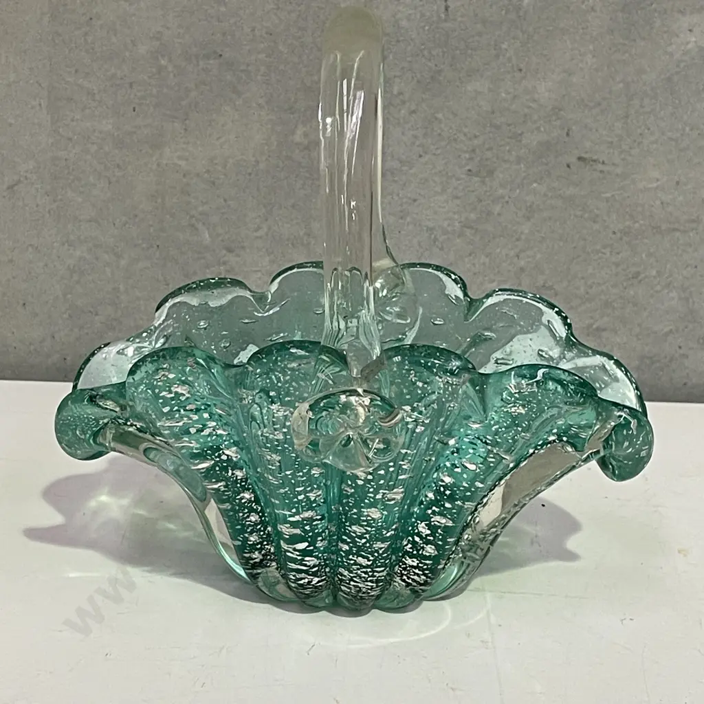Victorian Glass Basket with internal bubble and silverene detail. H21 W22cm Image 1++