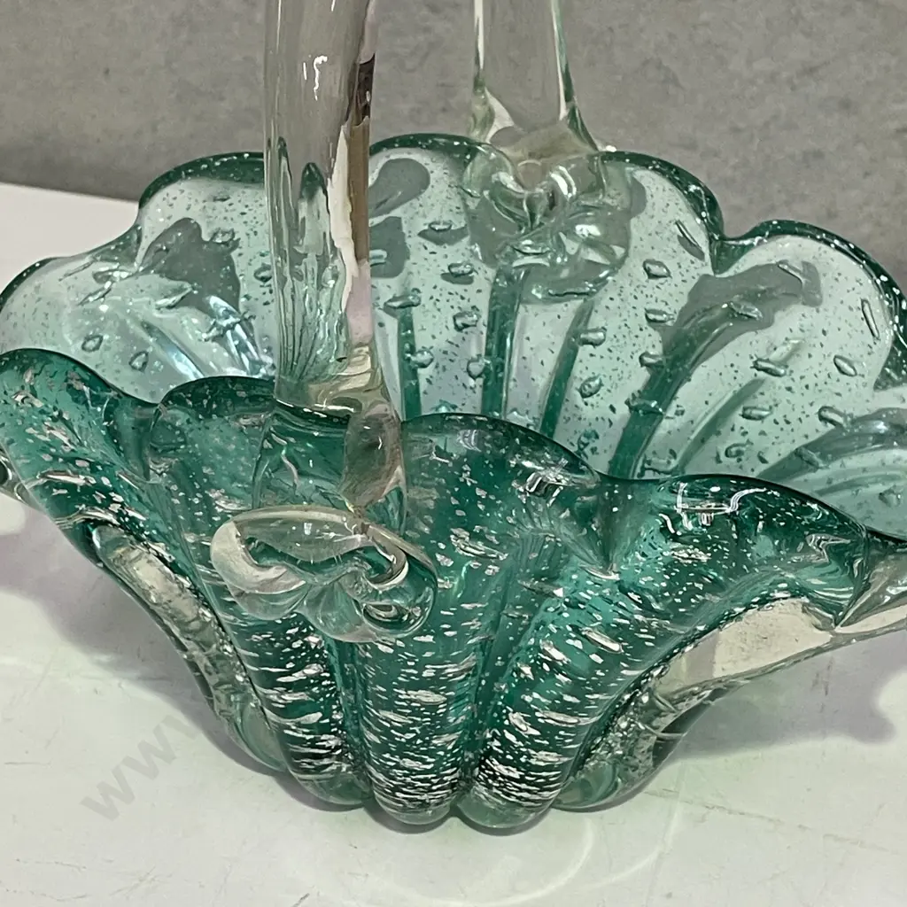 Victorian Glass Basket with internal bubble and silverene detail. H21 W22cm Image 1++