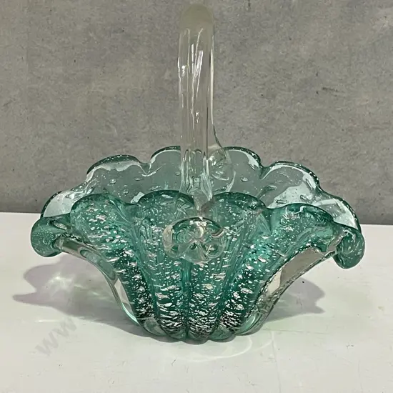 Victorian Glass Basket with internal bubble and silverene detail. H21 W22cm