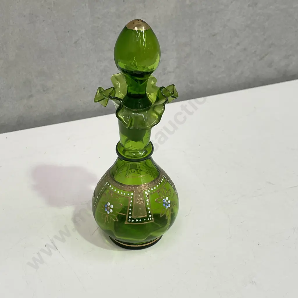 Victorian Green Glass Bottle. Fluted top with handpainted and gilded decoration Image 1++