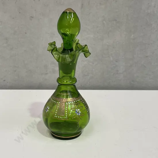 Victorian Green Glass Bottle. Fluted top with handpainted and gilded decoration