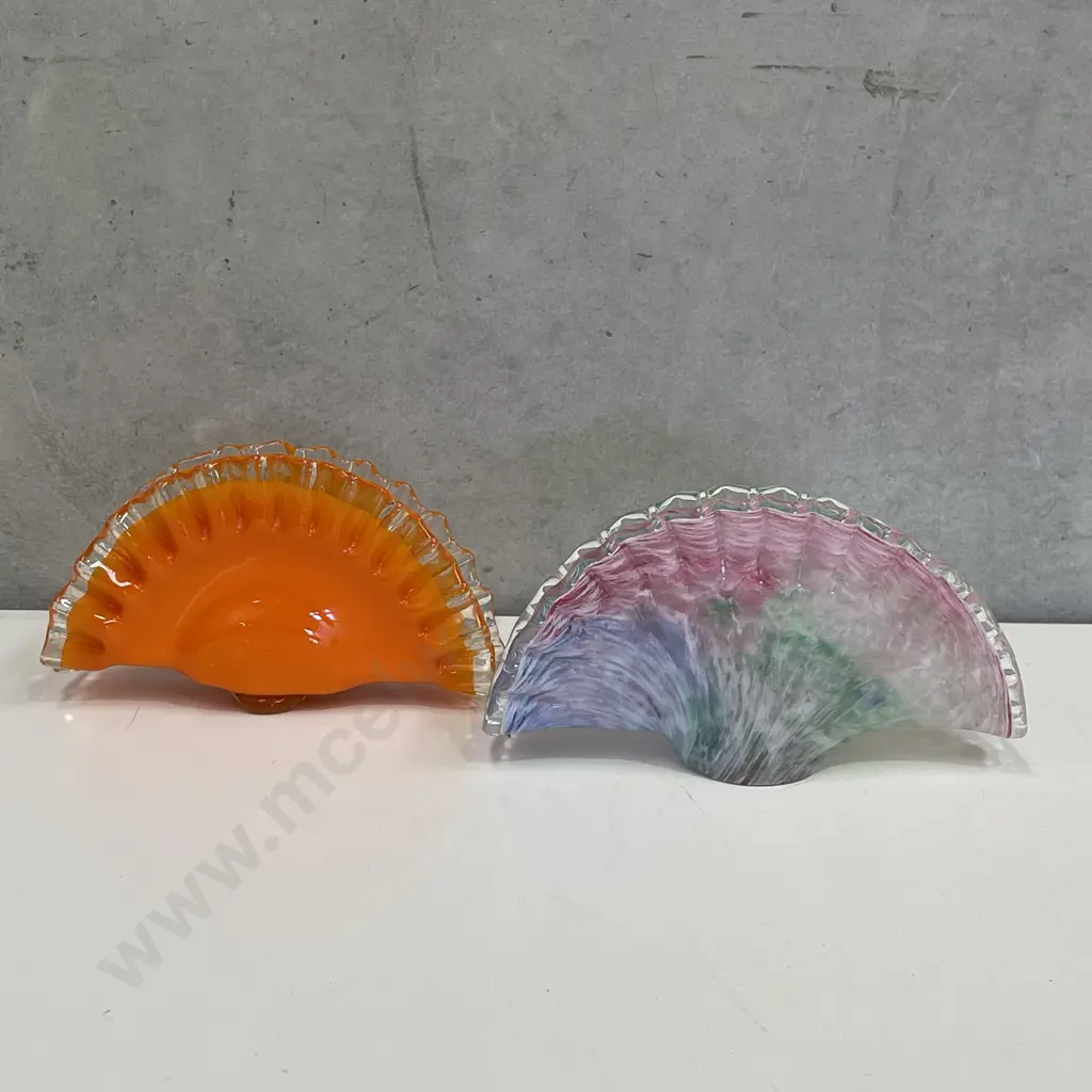 Two Vintage Mid Century Fan Art Glass Vases/Serviette stands. Multicoloured and Retro Orange. H11 W20cm Image 1++