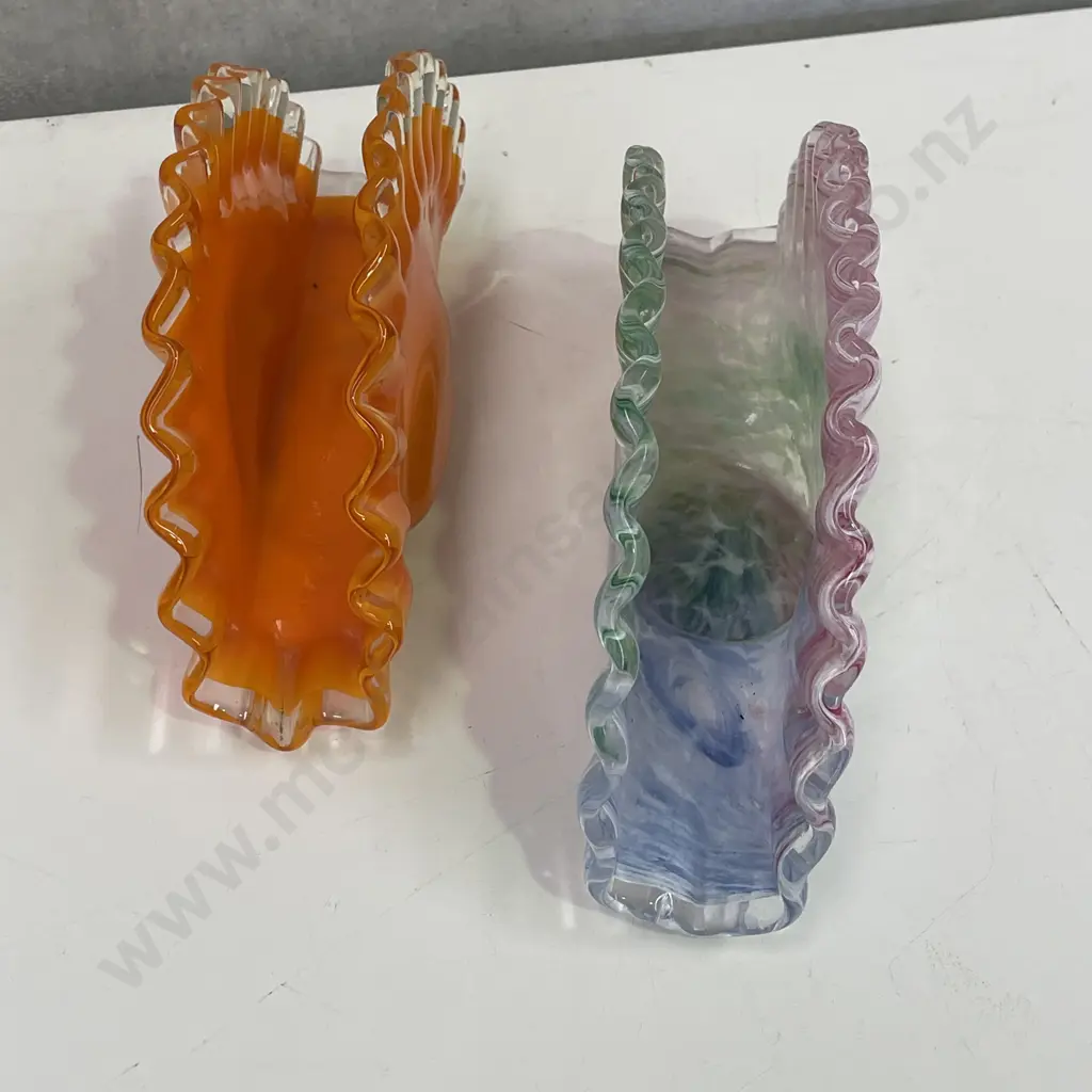 Two Vintage Mid Century Fan Art Glass Vases/Serviette stands. Multicoloured and Retro Orange. H11 W20cm Image 1++