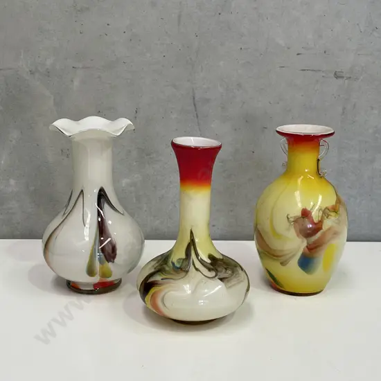 Three Flame Art Glass Vases. H20 and H19cm
