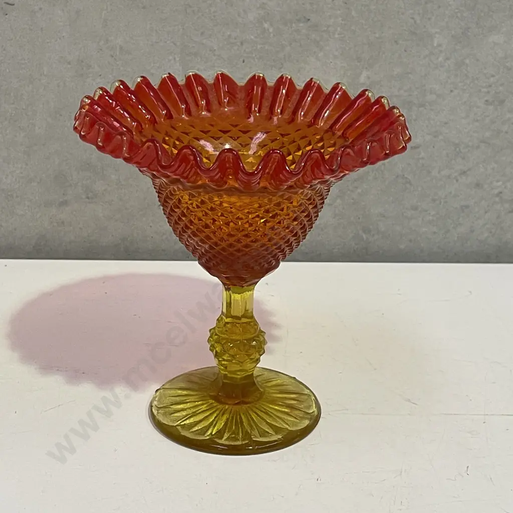 Vintage Art Glass Candy Compote. Fluted Red/Orange bowl with Lemon stem. H15.5 Dia15cm Image 1++