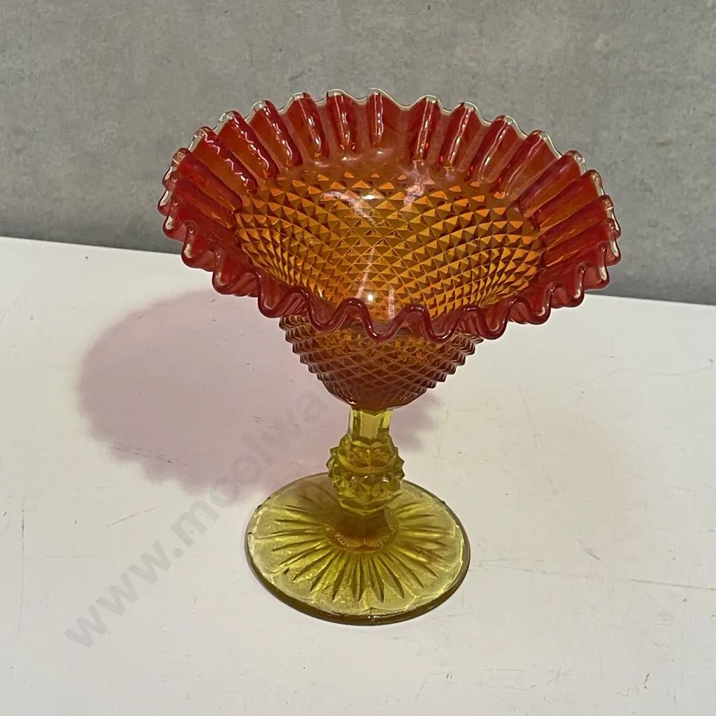 Vintage Art Glass Candy Compote. Fluted Red/Orange bowl with Lemon stem. H15.5 Dia15cm Image 1++