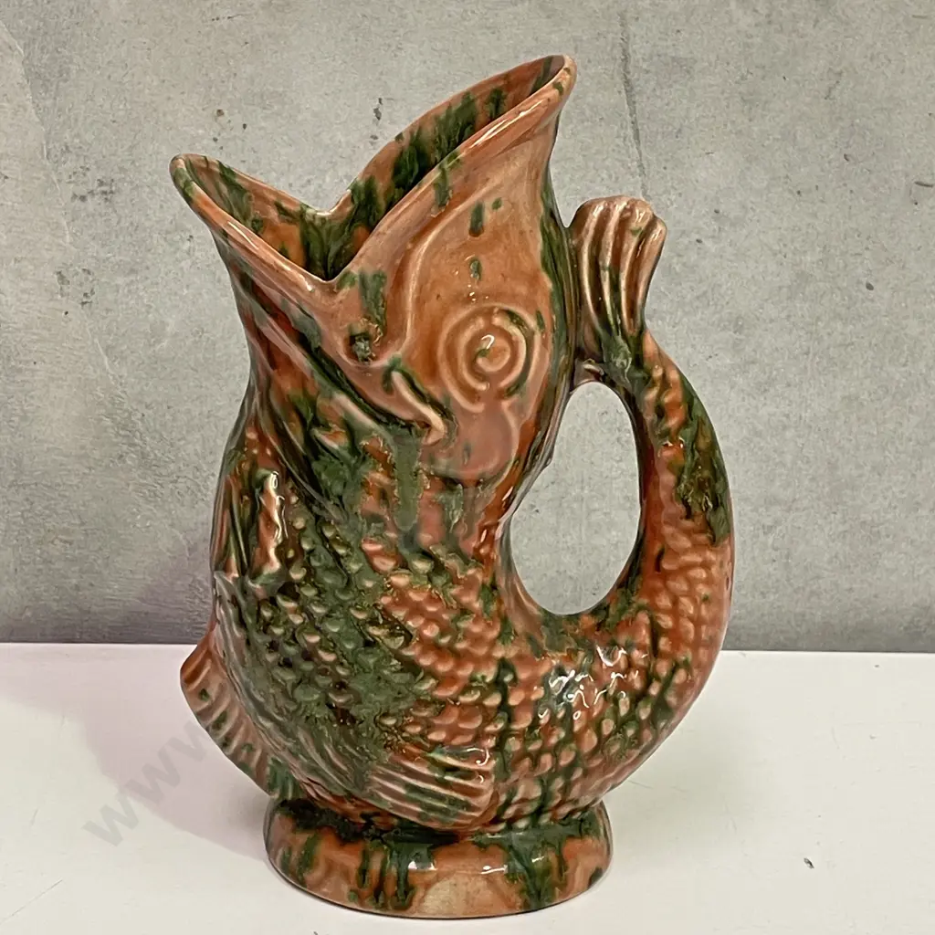 Majolica Drizzle Glazed Art Pottery Fish Jug H23cm Image 1++