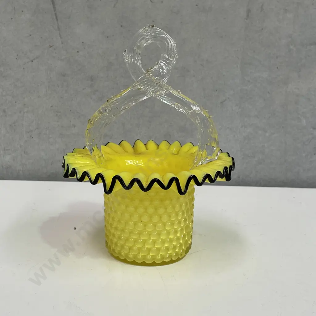 Victorian Glass Hat Vase/Basket. Yellow with black painted trim. H18cm Image 1++