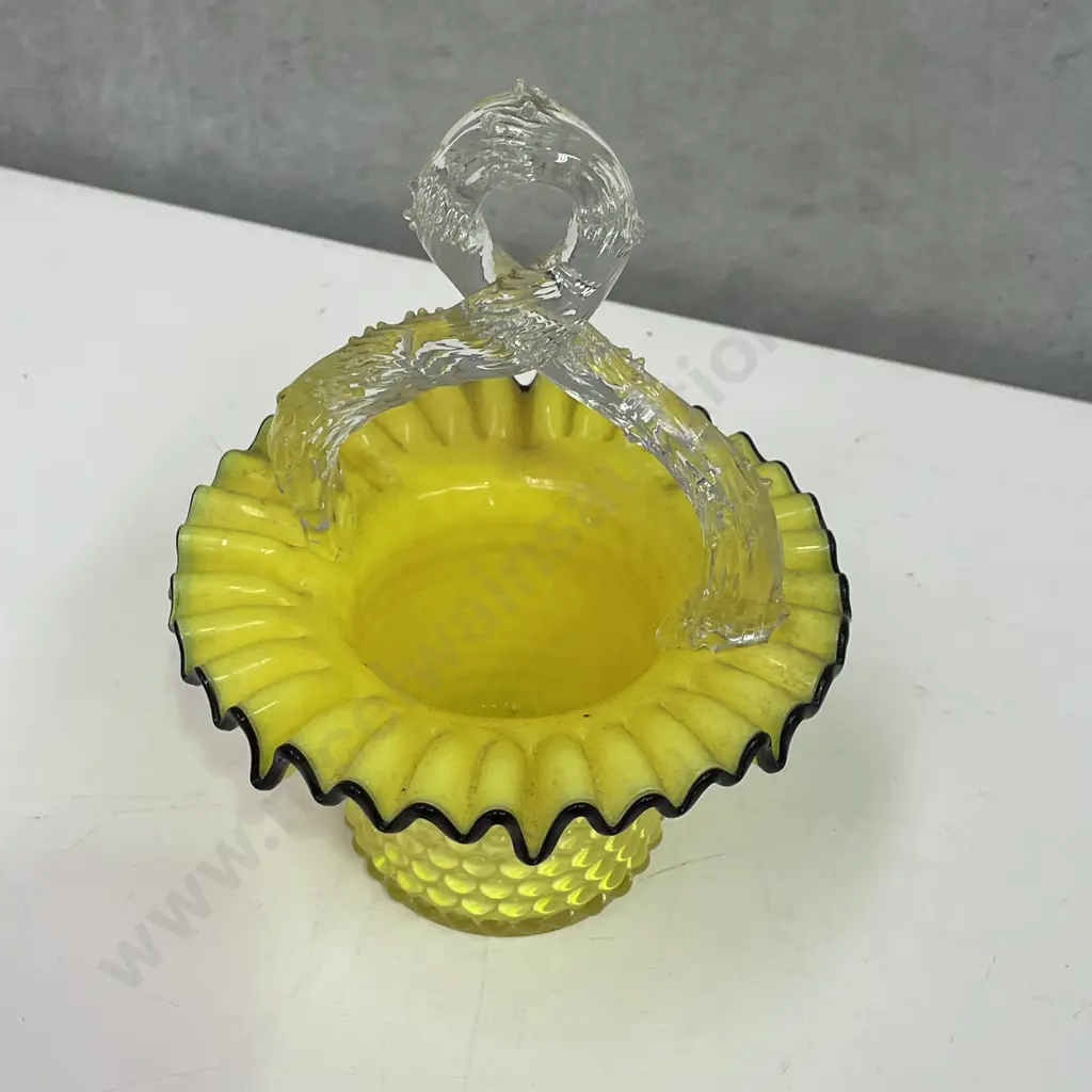 Victorian Glass Hat Vase/Basket. Yellow with black painted trim. H18cm Image 1++