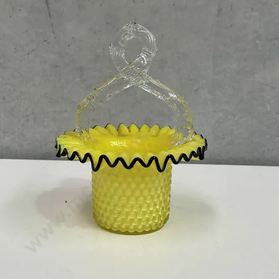 Victorian Glass Hat Vase/Basket. Yellow with black painted trim. H18cm