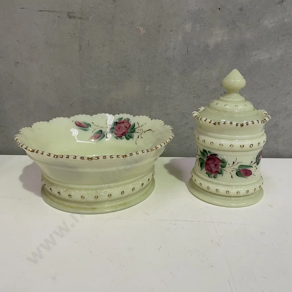 Antique Heisey Ivorina Verde Rose Glass Bowl H8.5 Dia21cm with Lidded Pot H17cm Image 1++