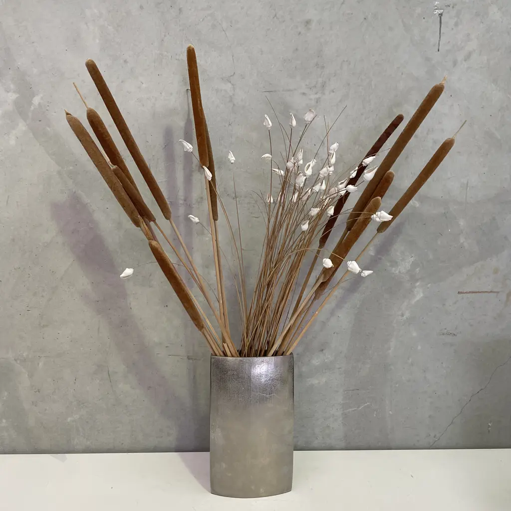 Silver Painted Metal Vase with Faux Reeds and shell tipped grasses Image 1++