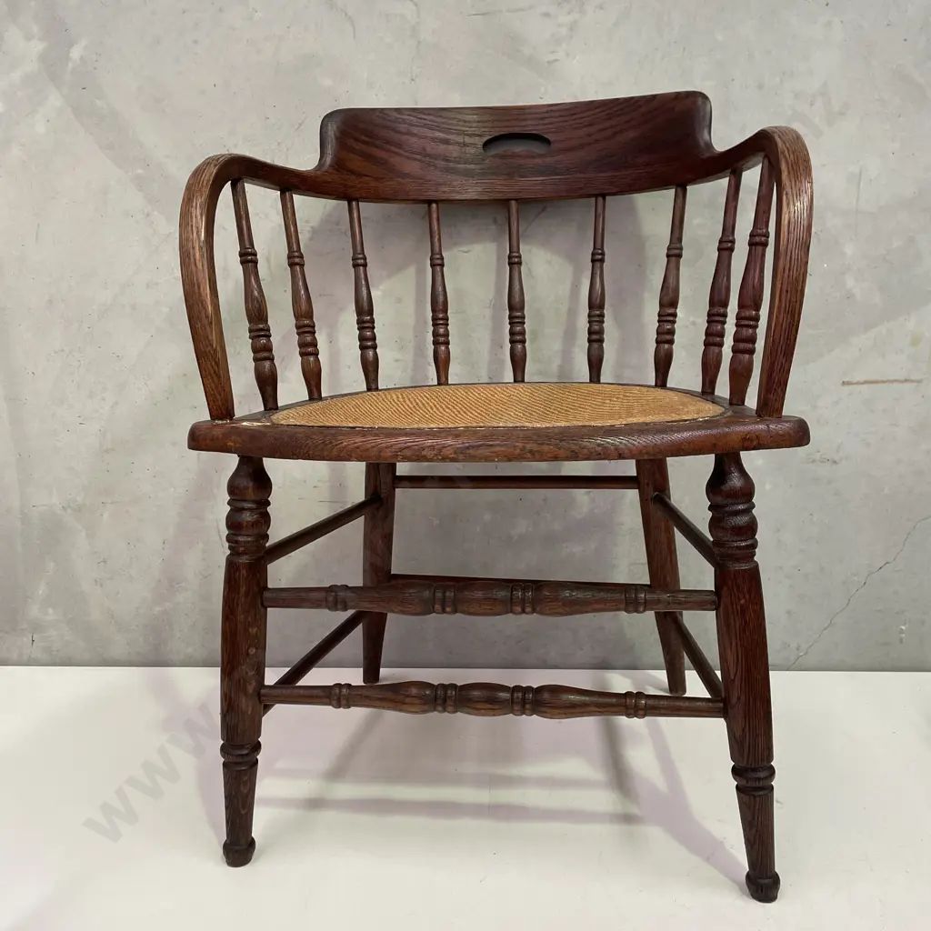 Antique Oak Spindle Back Captains Chair with woven rope seat Image 1++