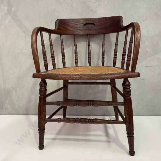 Antique Oak Spindle Back Captains Chair with woven rope seat