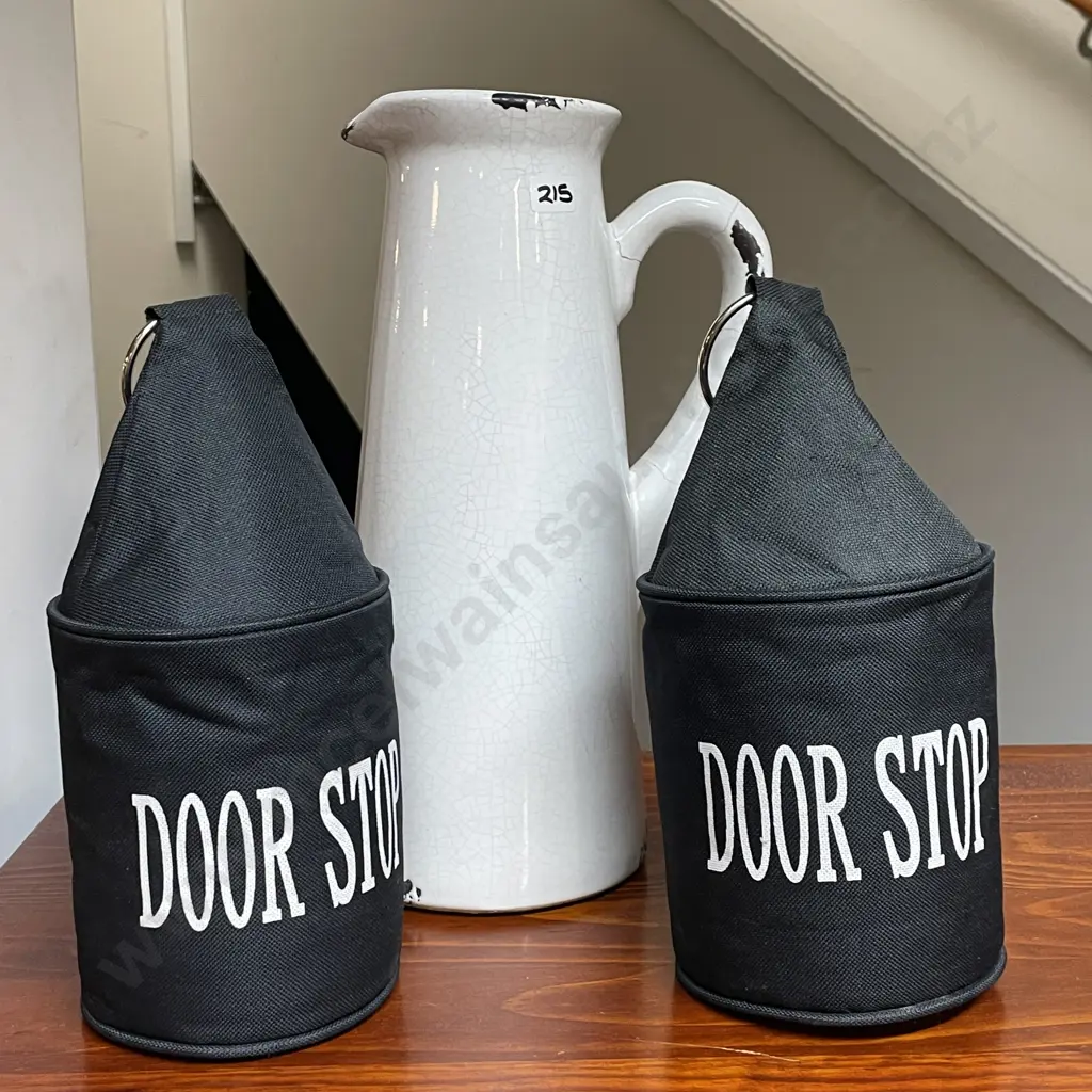 Pair of Weighted Door Stops with crackle glazed Jug (af to handle)  Image 1++