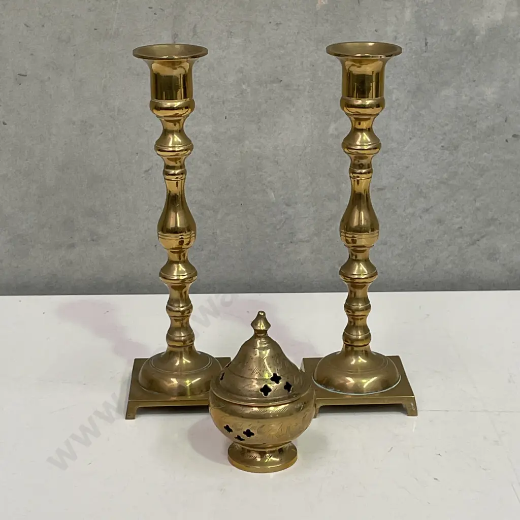Pair of Brass Candlesticks with incense Pots Image 1++