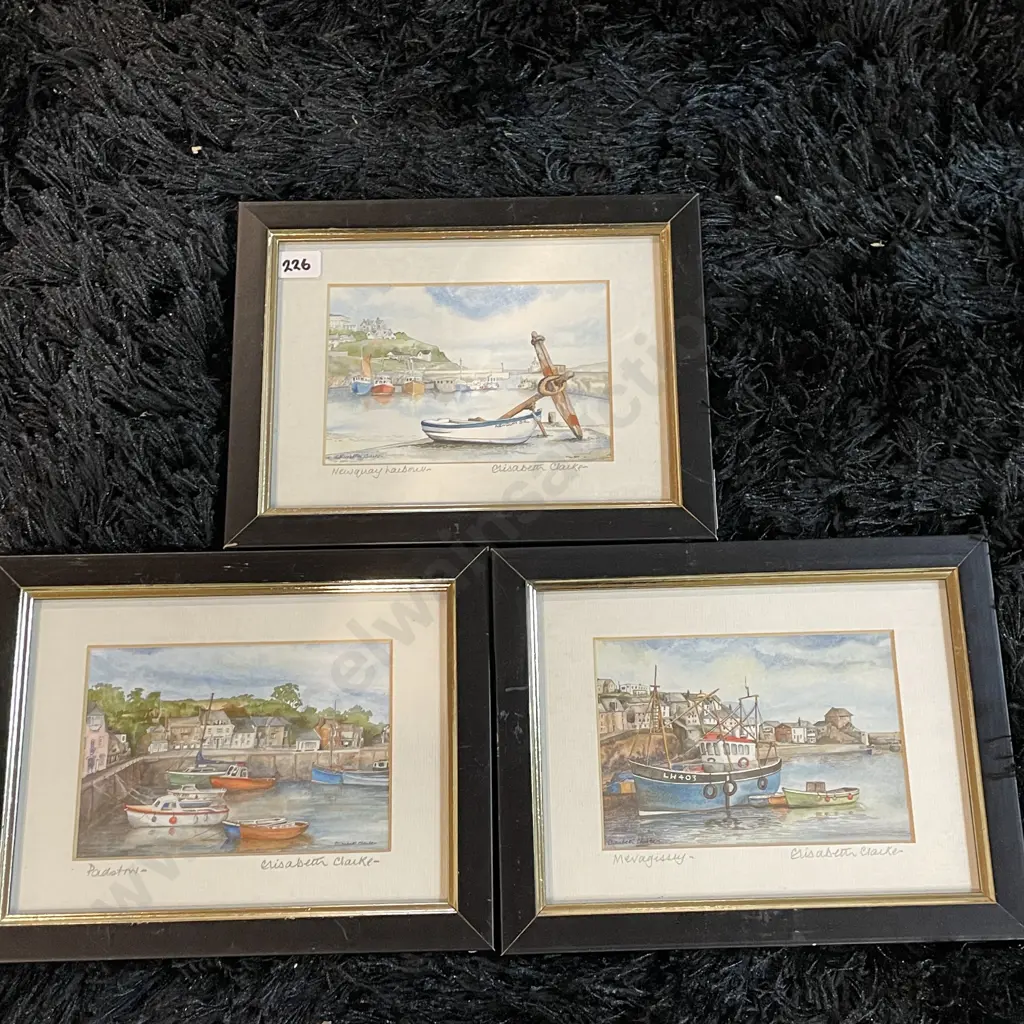 Trio of Framed Original Artworks signed Elisabeth Clarke. Harbour Scenes. 23.5 x 18.5cm Image 1++