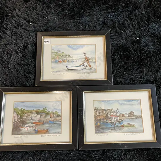Trio of Framed Original Artworks signed Elisabeth Clarke. Harbour Scenes. 23.5 x 18.5cm
