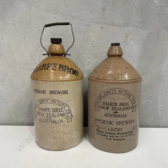 Two Vintage Sharpe Brothers Brewers Stoneware Bottle H37cm