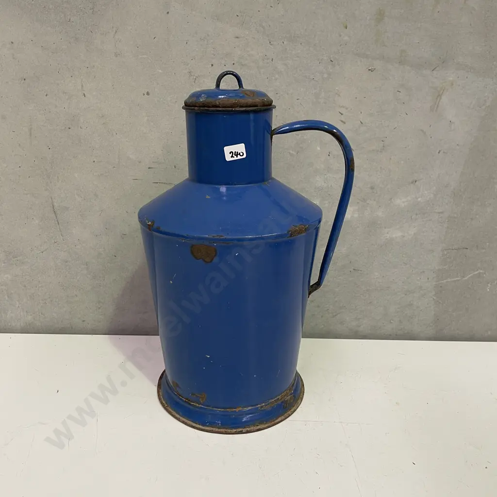 Vintage Blue Enamel European Oil / Water Jug, Circa 20th Century, 40 x 21cm Image 1++