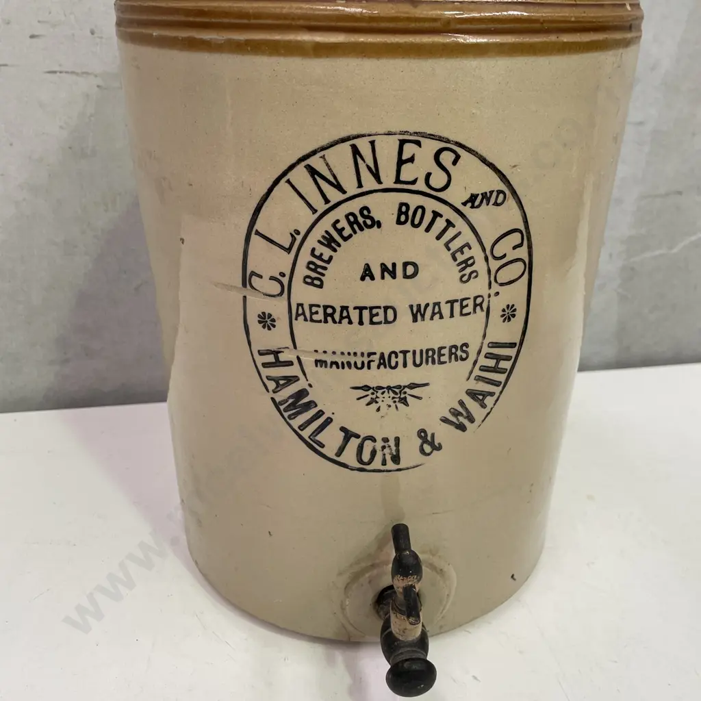 Vintage C. L. Innes and Co Stoneware bottle with Tap H46cm Image 1++