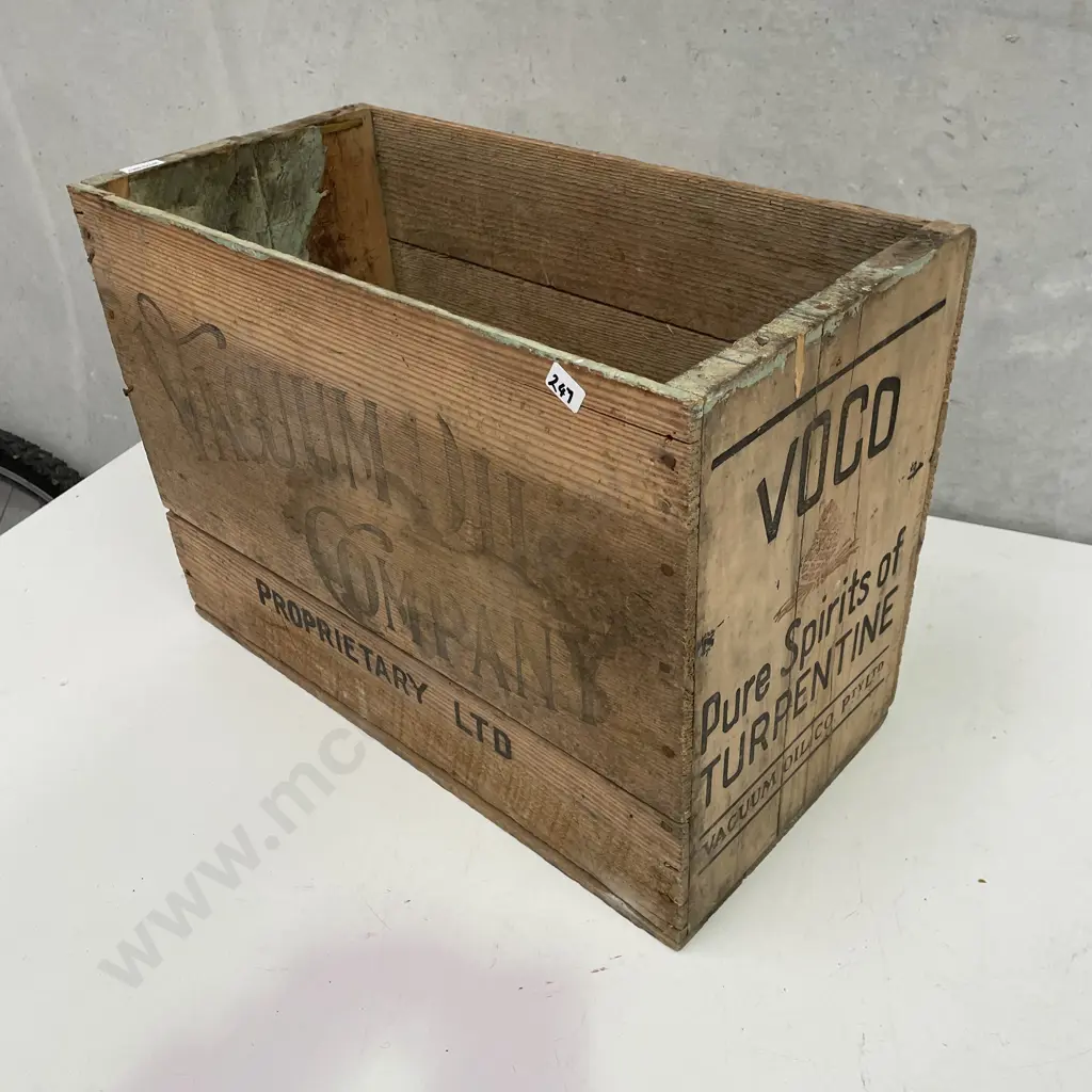 Vintage Vacuum Oil Co NZ, Vovo Pure Spirits of Turpentine Wooden Box Circa 1920's /30's, H37 W53 D26cm Image 1++