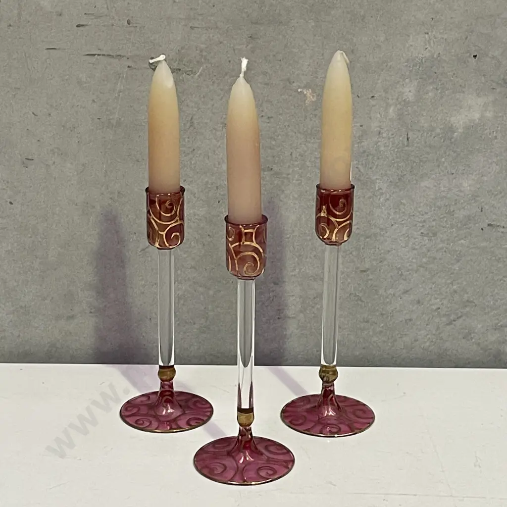 Trio Cranberry Coloured Glass Candlesticks with Gilded Decoration with Candles Image 1++