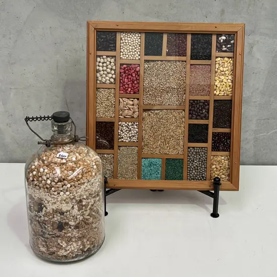 Glazed Curio Wooden Box and Glass Bottle filled with grains, seeds and pasta