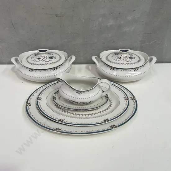 Royal Doulton Old Colony Serveware incl two lidded tureens, two platters and gravy jug and plate (plate af)