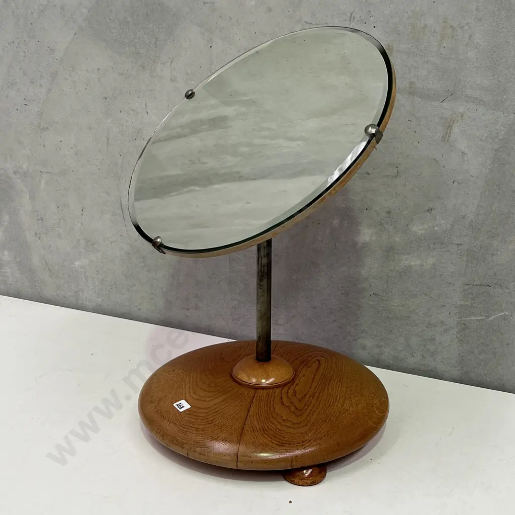 Beautiful Oak Round Dressing Table Mirror. Bevelled Edge. Base Dia34 H56 Mirrored Dia 36cm Image 1++