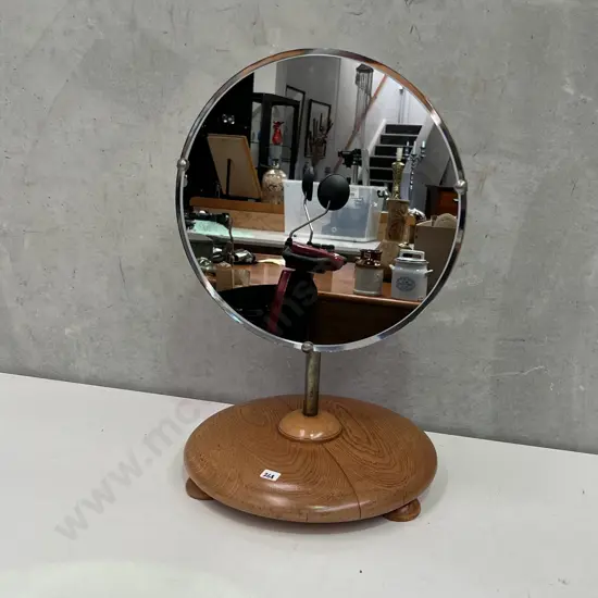 Beautiful Oak Round Dressing Table Mirror. Bevelled Edge. Base Dia34 H56 Mirrored Dia 36cm