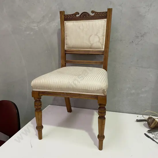 Antique Chair. Turned legs, carved back. Upholstery in vintage condition