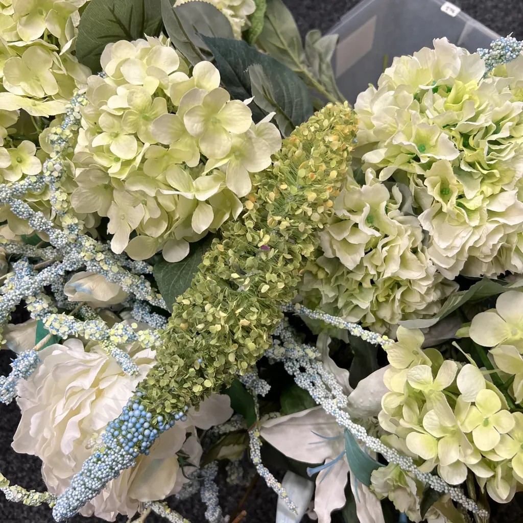 Large Plastic Bin with Assortment of Faux Flowers Image 1++
